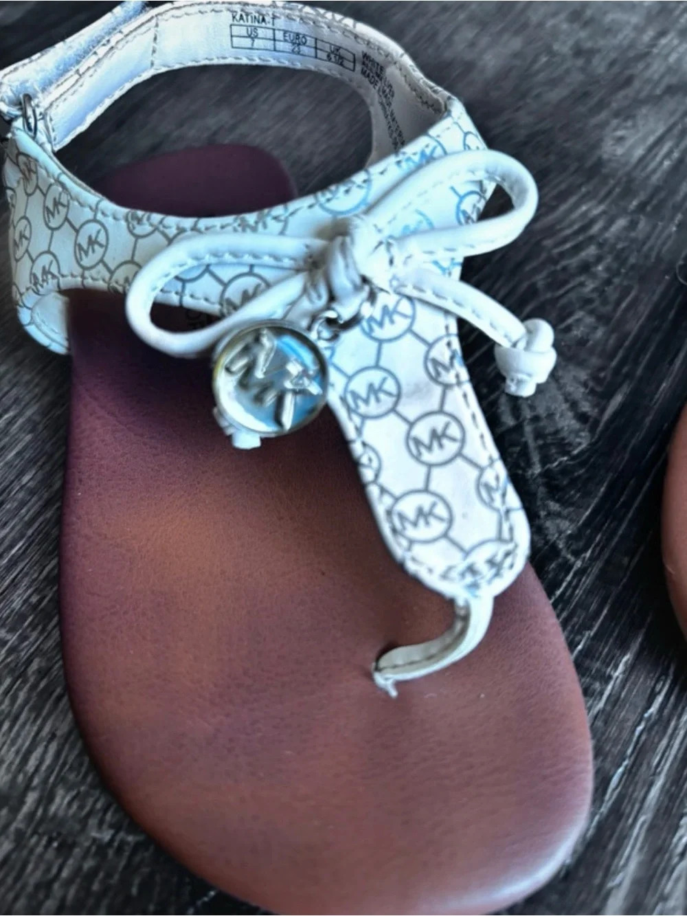 MICHAEL KORS Kids White Patterned T-Strap Sandals with Maroon Footbed